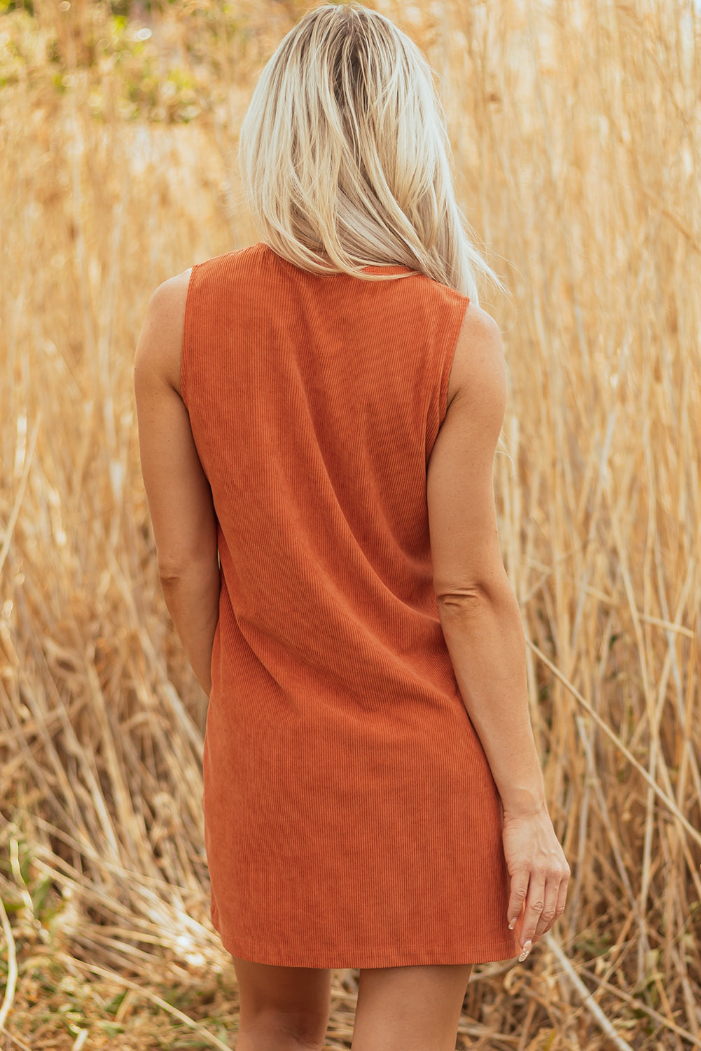 Gold Flame Corduroy Western Embroidered Patched Pocket Shift Sleeveless Mini Dress
