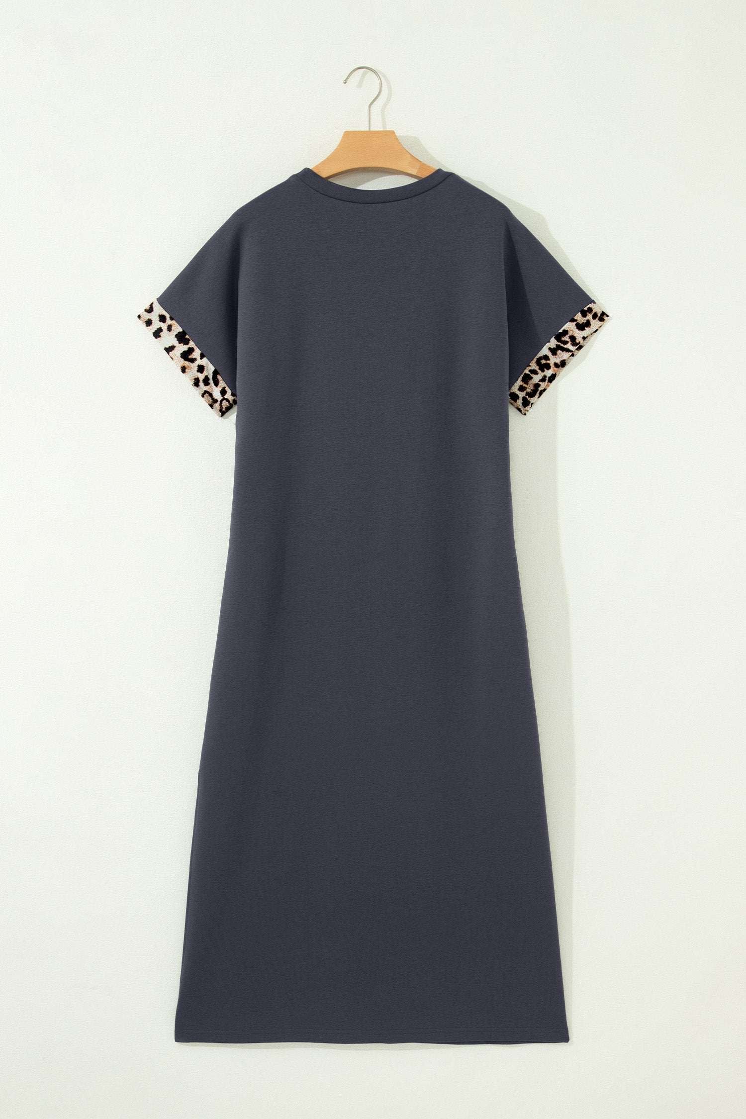 Dark Grey Contrast Leopard Bow Patched Short Sleeve T Shirt Long Dress