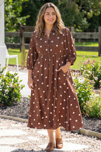 Brown Polka Dot V Neck Abdomen Pocket Gathered Cuffs Long Sleeve Shift Plus Size Dress
