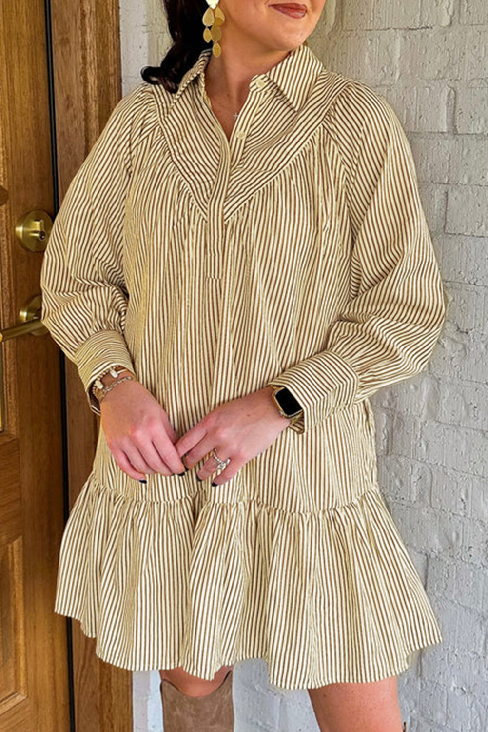 Brown Stripe Collared Neck Cuffed Long Sleeve Drop Waist Mini Dress