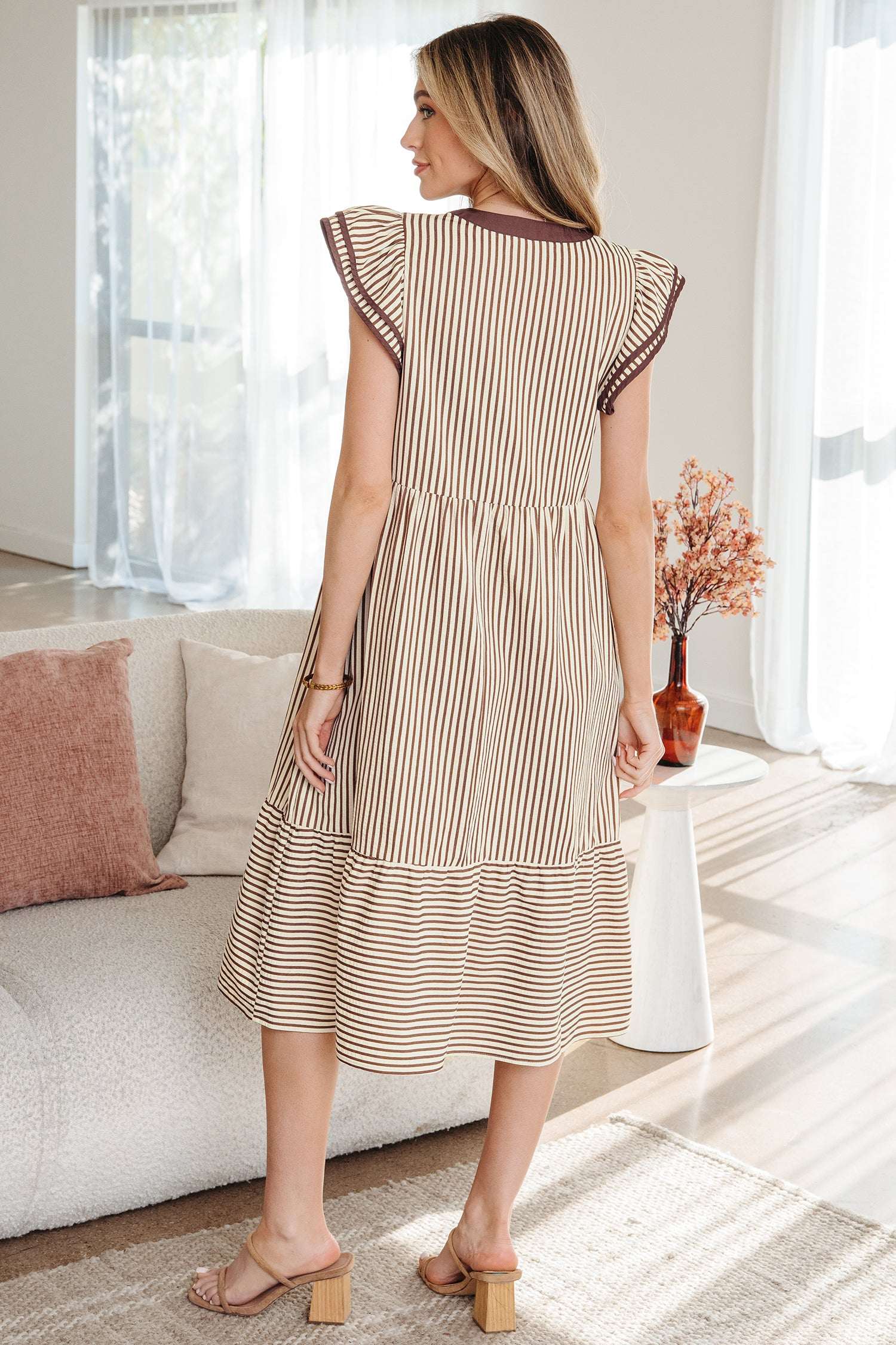 Black Stripe Double Ruffled Short Sleeve Contrast Trim V Neck Midi Dress