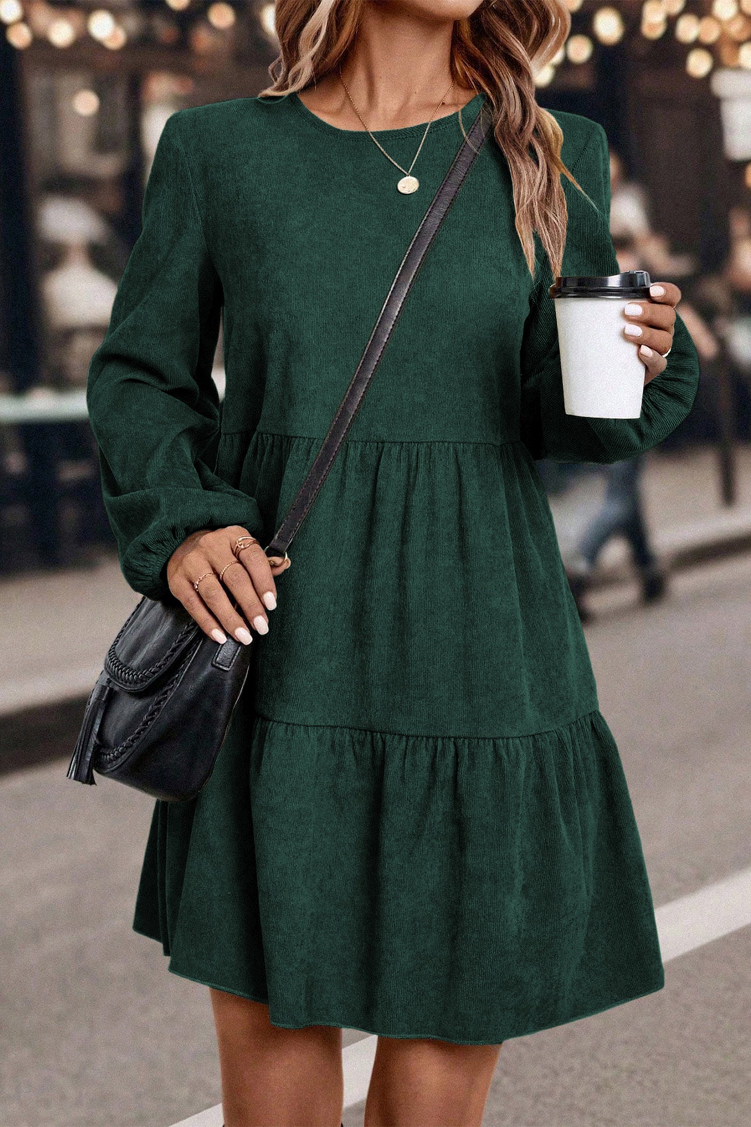 Dark Brown Lantern Sleeve Tiered Mini Dress