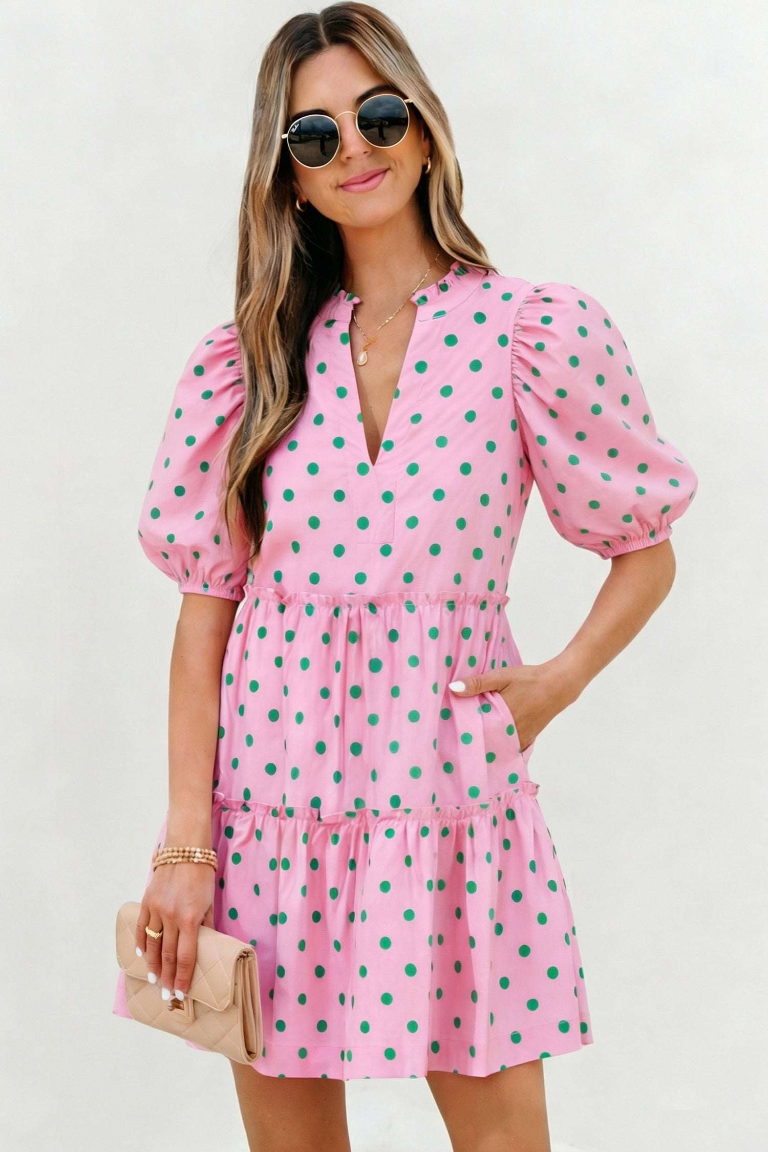 Pink Polka Dot Print V Neck Short Sleeve Tiered Mini Dress