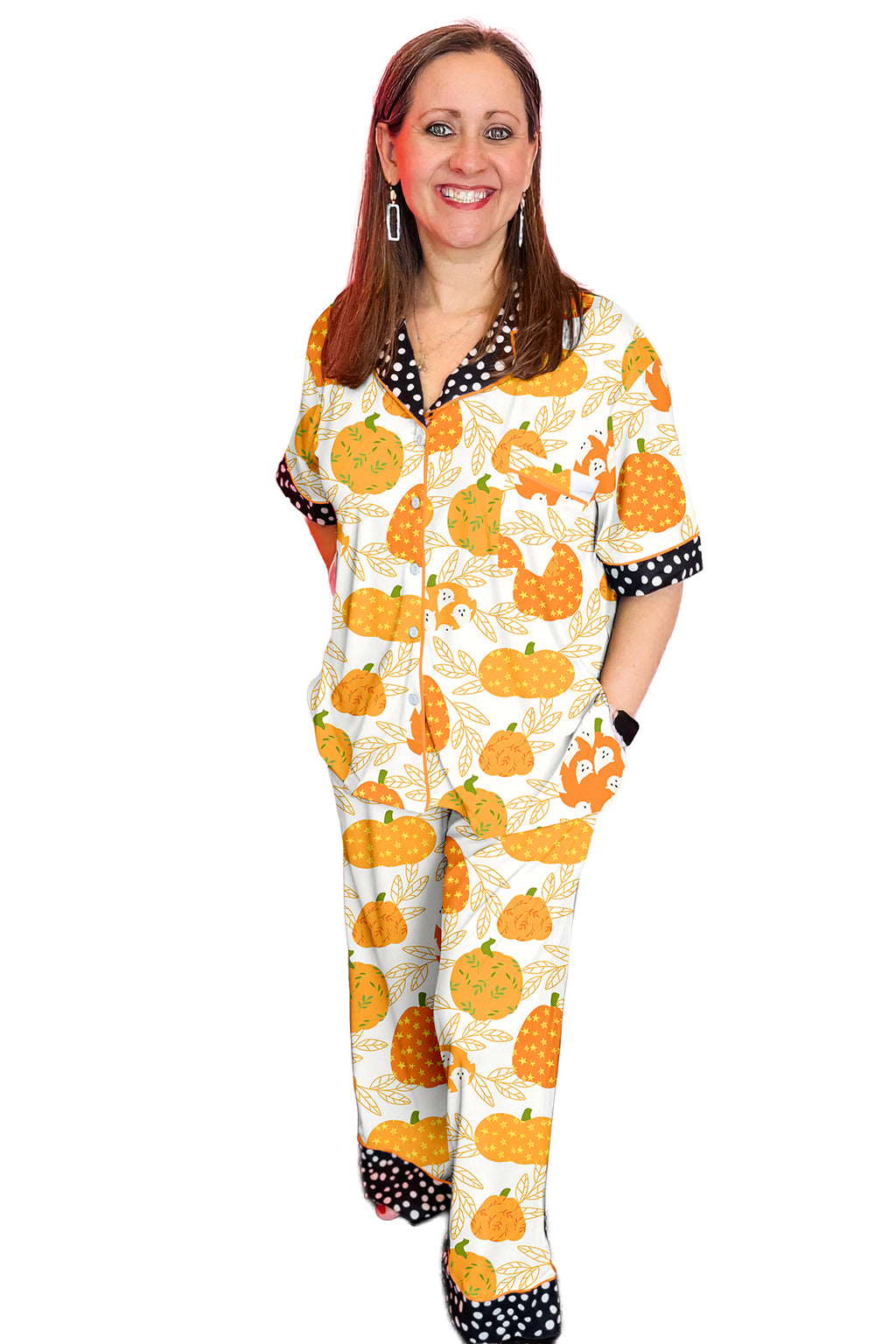 Orange Short Sleeve Pumpkin Print Polka Dot Trim Pocket Pocket Placket Home Wear Lounge Set