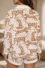 Yellow Leopard Print Colorblock Pocket Placket Long Sleeve Lounge Set