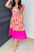 Rose Floral Print Color Block Ruffled Short Sleeve Flared Midi Dress