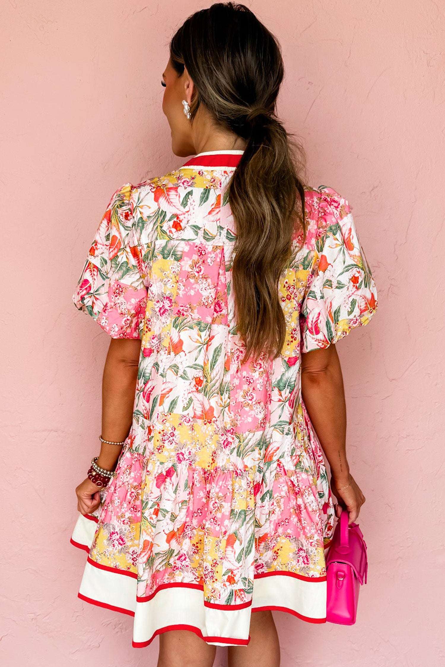 Pink Color Block Floral Print Contrast Trim V Neck Ruffle Hem Mini Dress