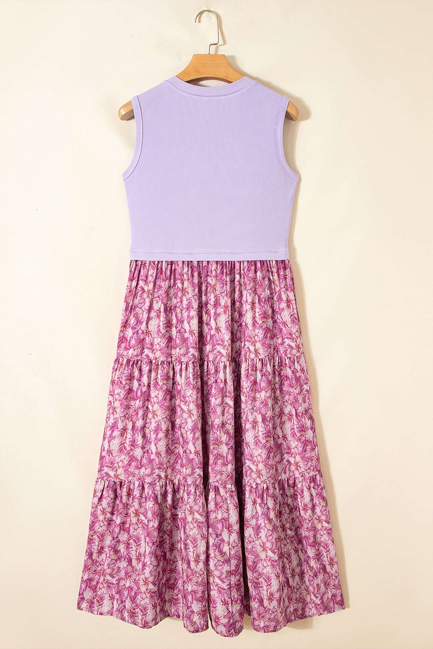 Purple Ribbed V Neck Tank Floral Contrast Patchwork Long Dress