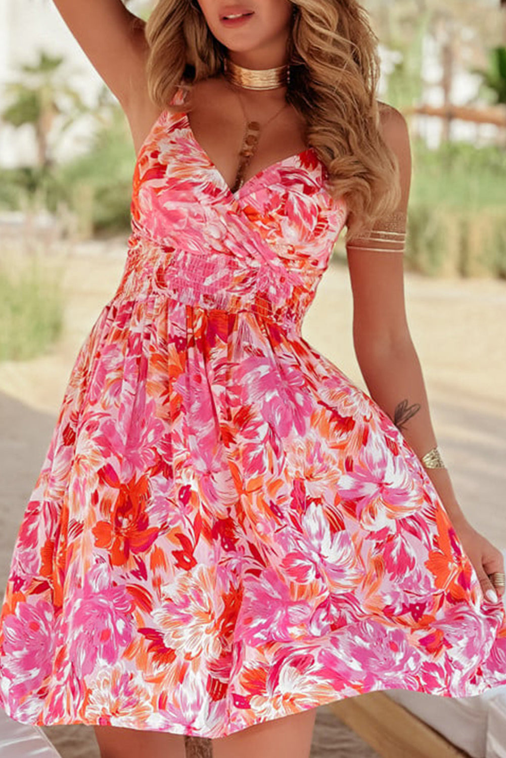 Sky Blue Floral Spaghetti Strap Surplice Neck Shirred Waist Mini Dress
