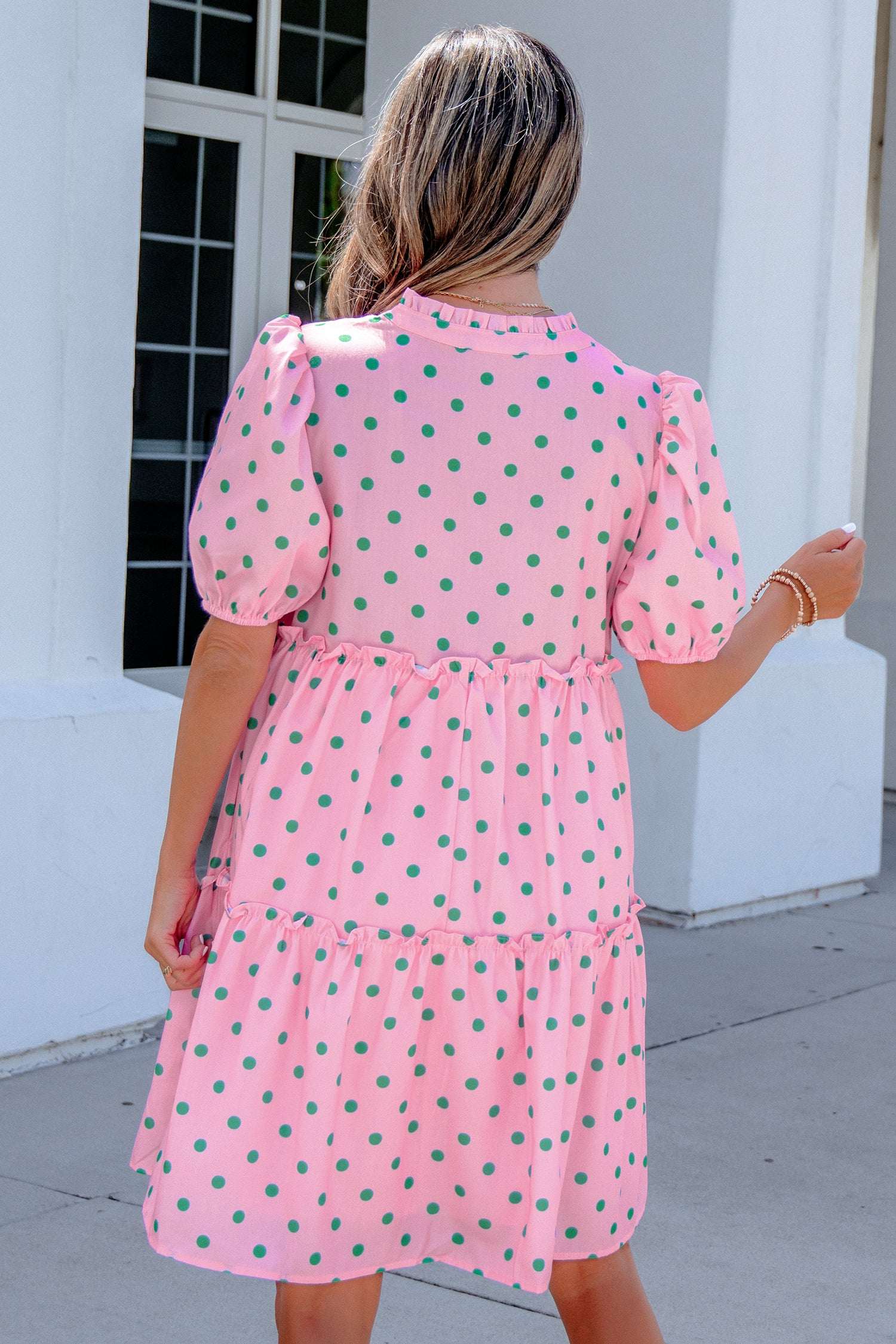 Pink Polka Dot Print V Neck Short Sleeve Tiered Mini Dress