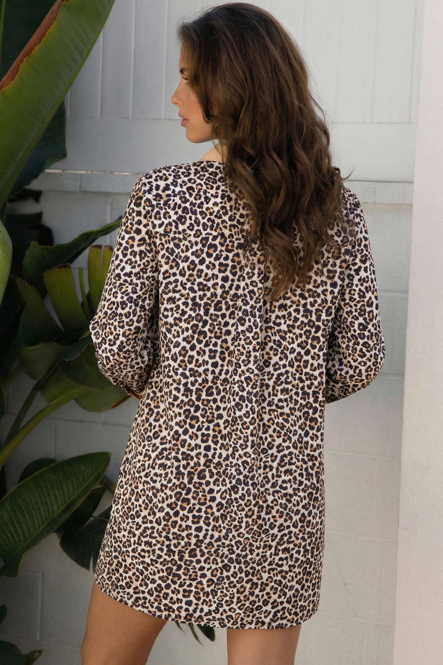 Multicolour Button Striped Collar Leopard Print Long Sleeve Flared Dress