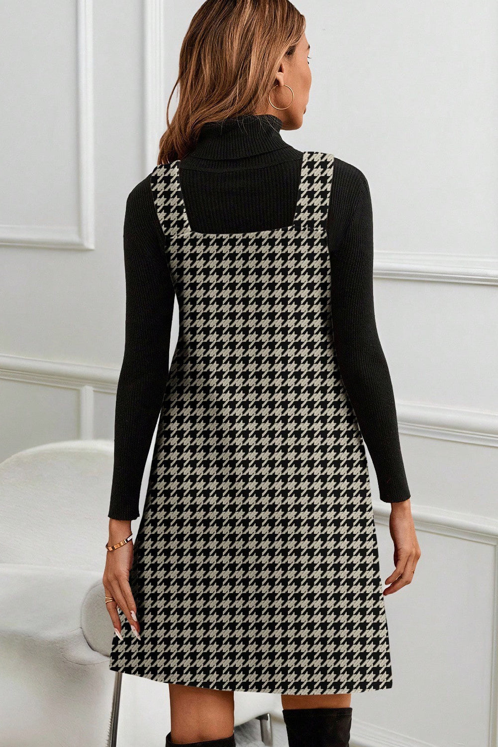 Red Houndstooth Print V Neck Sleeveless Mini Dress