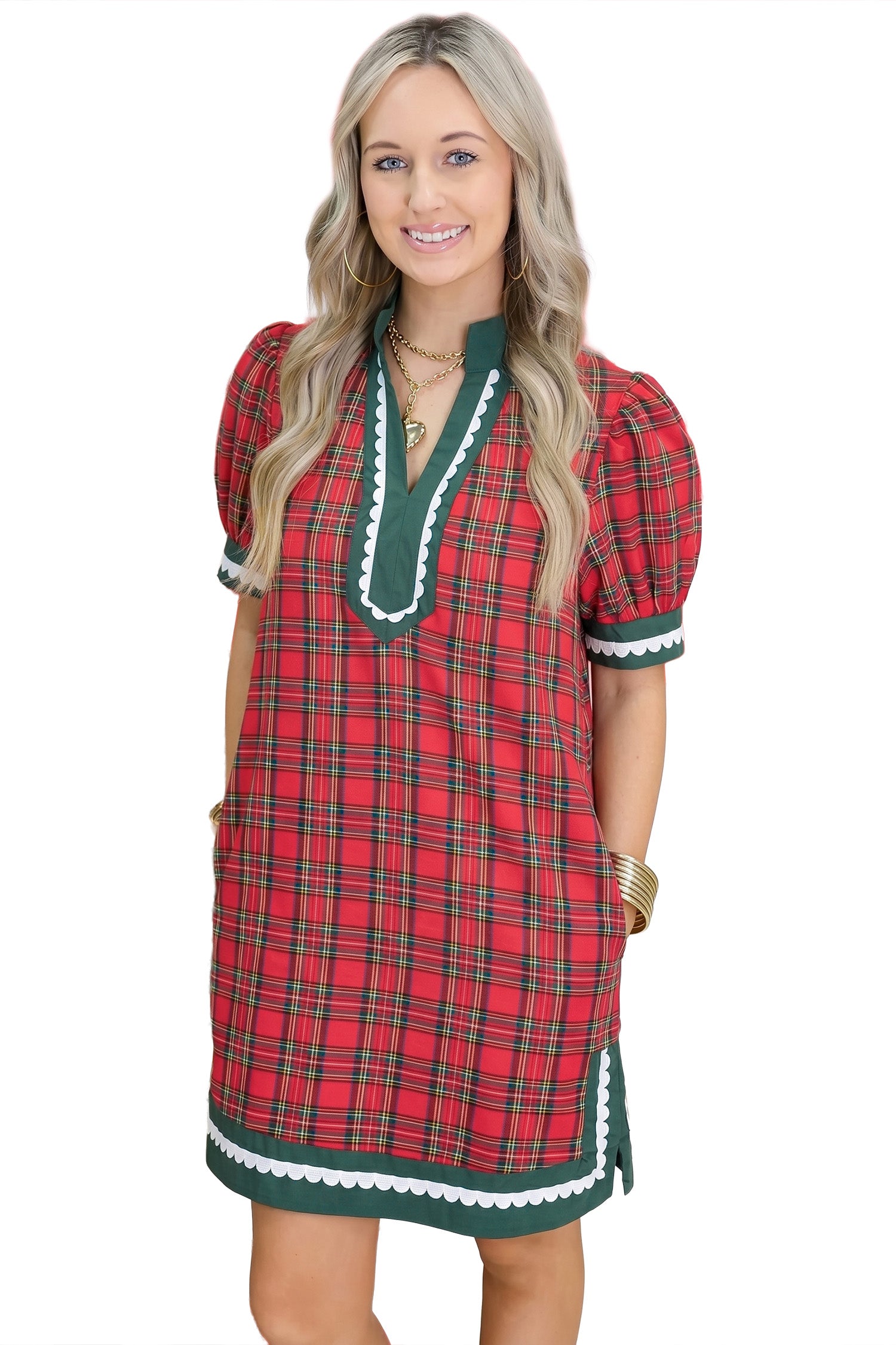Red Plaid Mini Mini Shift Style Short Sleeve Dress