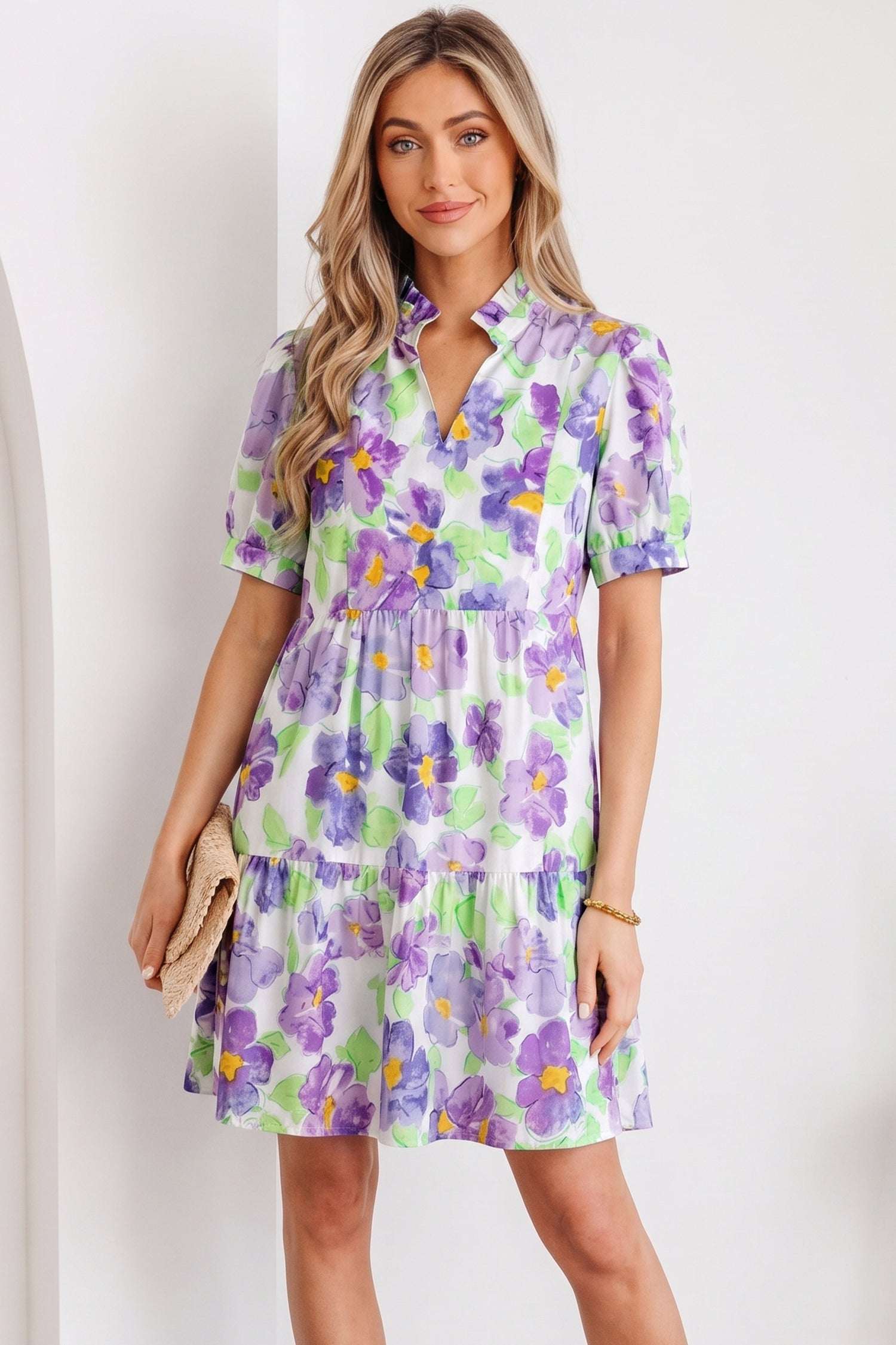 Purple Floral V Collar Short Sleeve Tiered Ruffle Mini Dress
