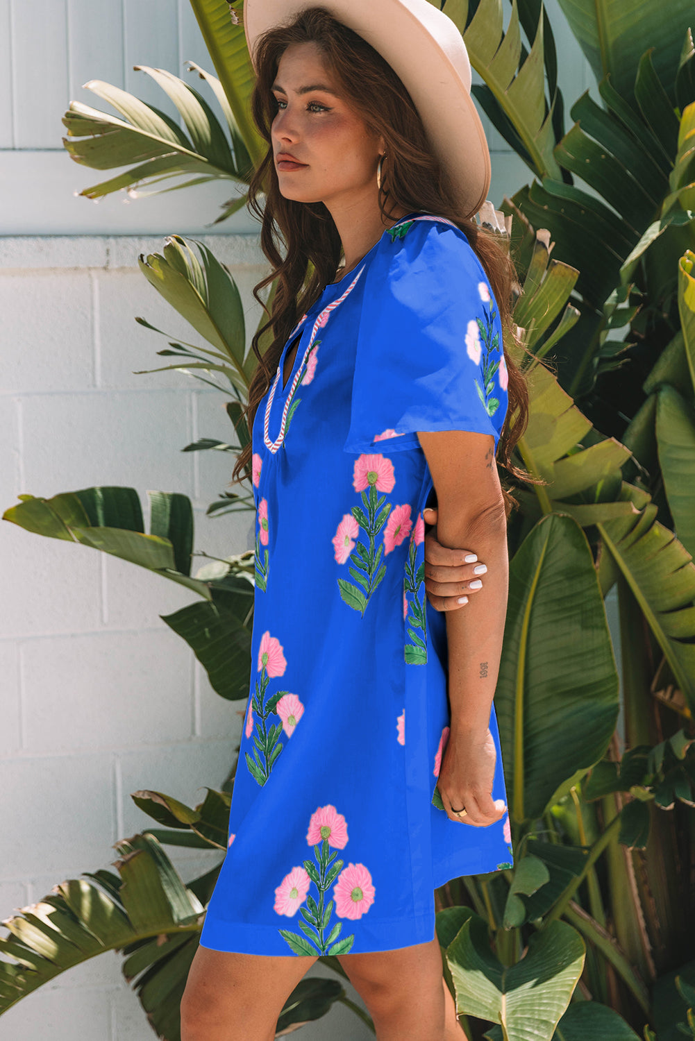 Rose Floral Short Sleeve Split Neck Loose Mini Dress