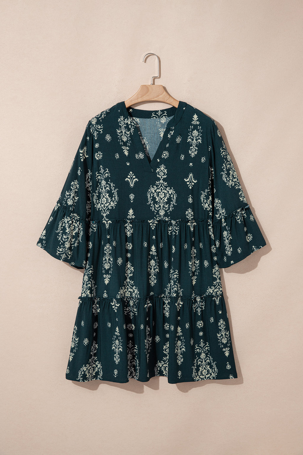 Red Boho Floral Print Lettuce Trim 3/4 Sleeve Mini Dress