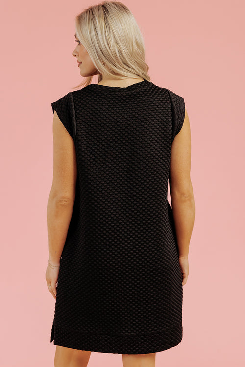 Black Textured Cap Sleeve T-shirt Shift Mini Dress