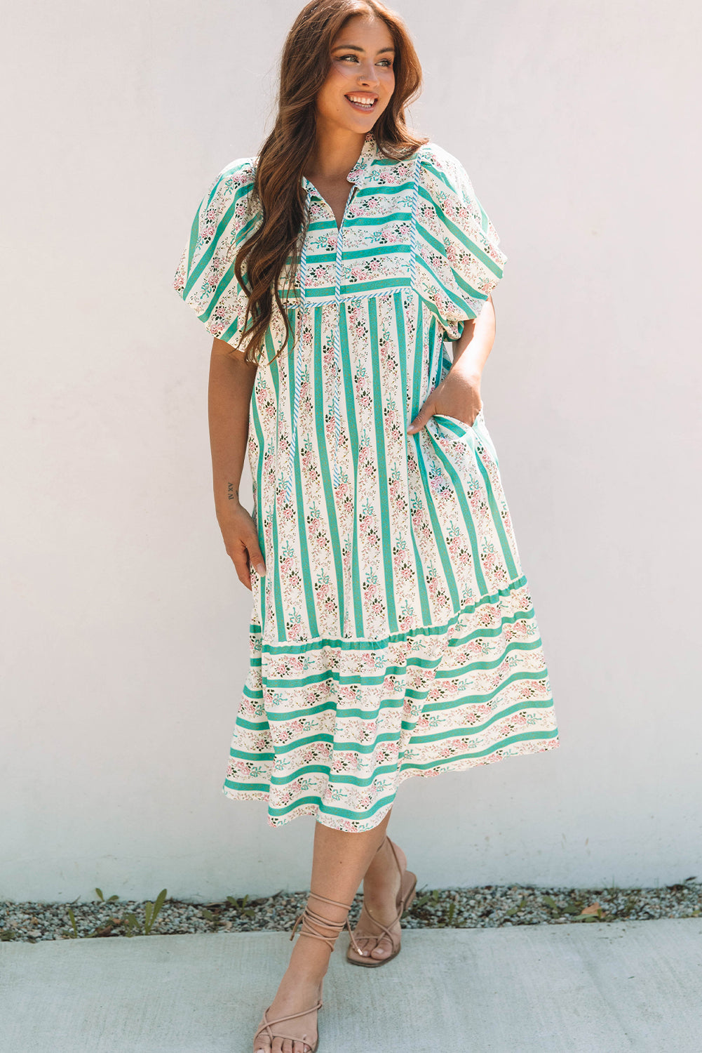 Multicolour Striped Floral Print Tie Split Neck Puff Sleeve Midi Dress