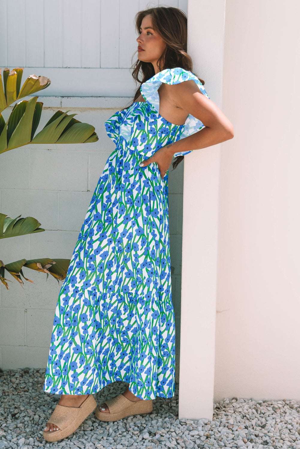 Pink Floral Print Square Neck Ruffled Strap Maxi Dress