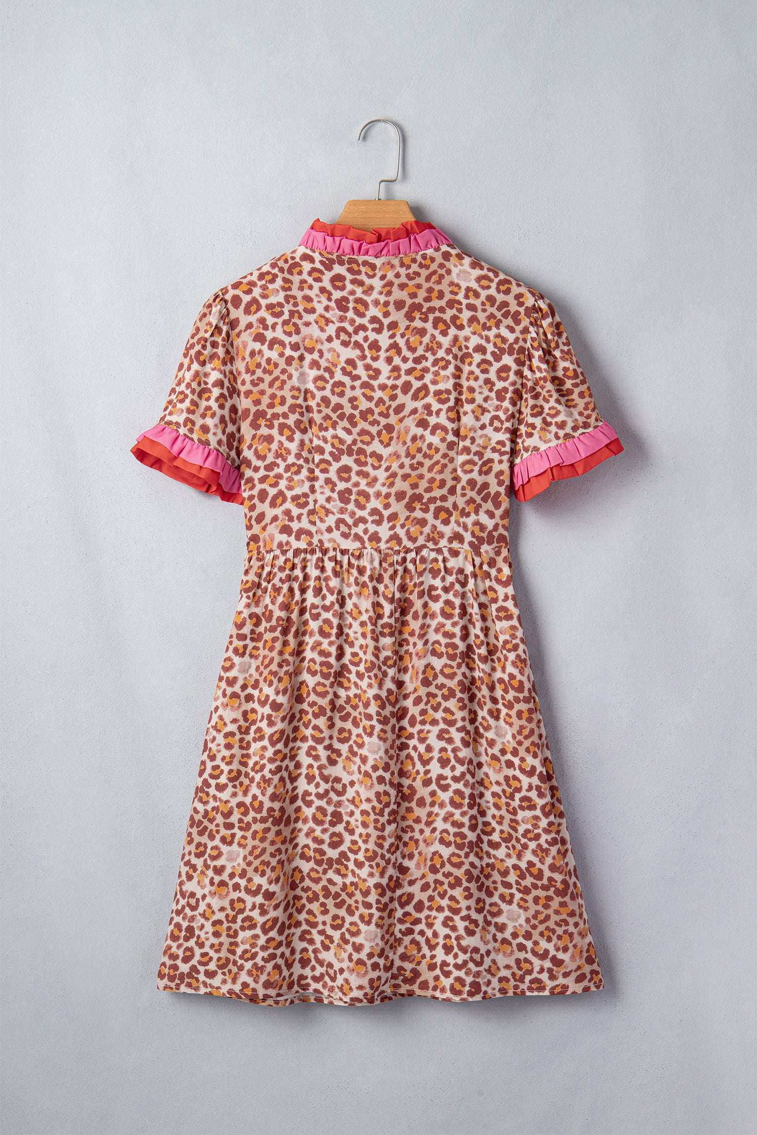 Khaki Leopard High Waist Ruffled Colorblock Trim Short Dress