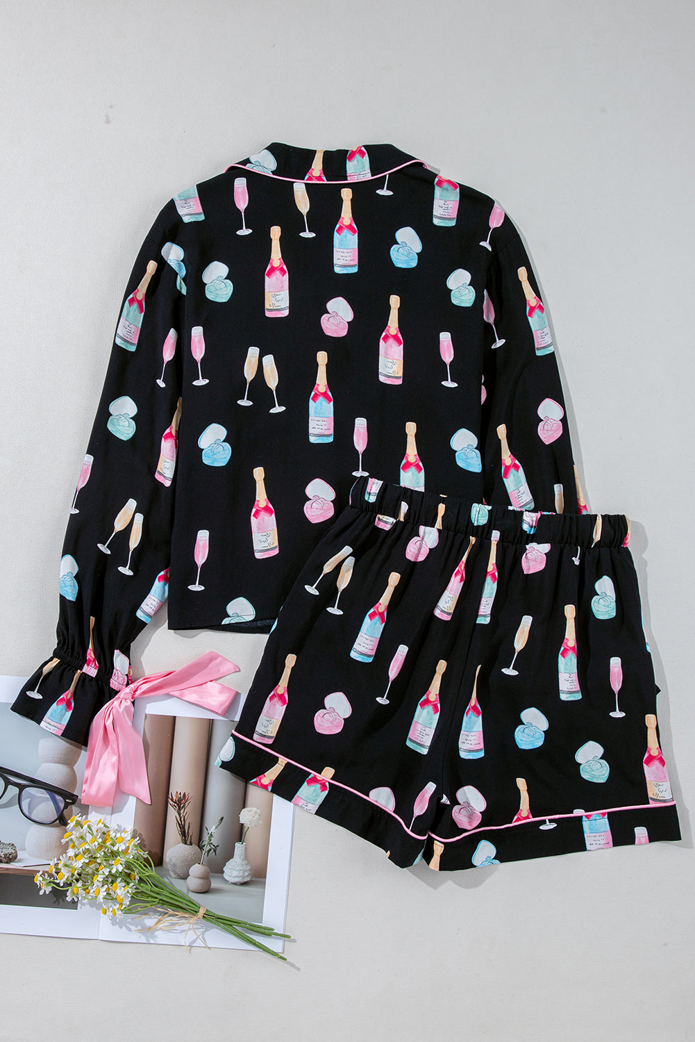 Color black Christmas Wine Glass Print Bow Knot Two Piece Pajama Set