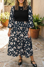 Black Floral Print Long Sleeve Round Neck Shift Plus Size Dress