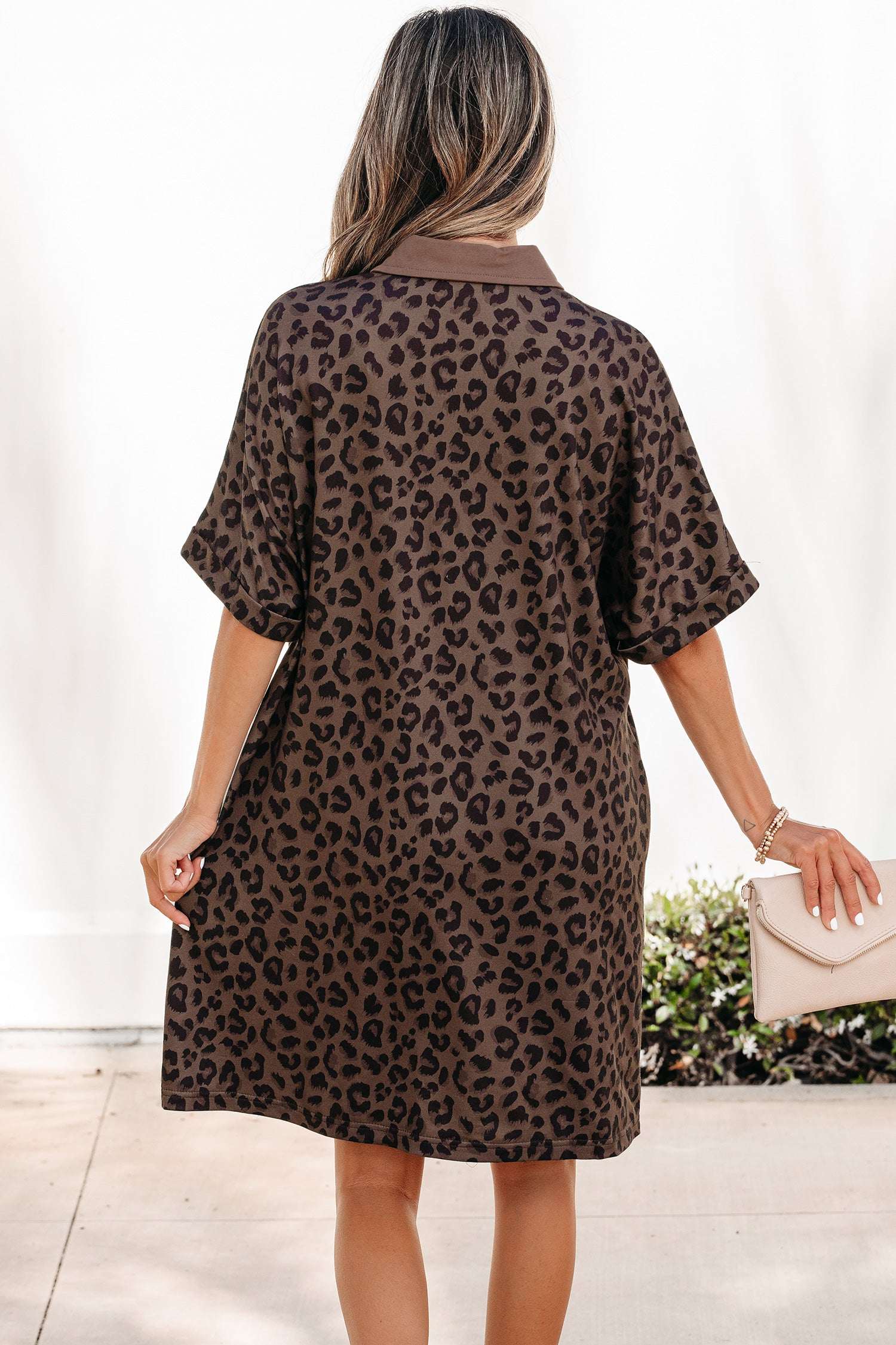 Brown Leopard Print Contrast Collar V-Neck Mini Dress