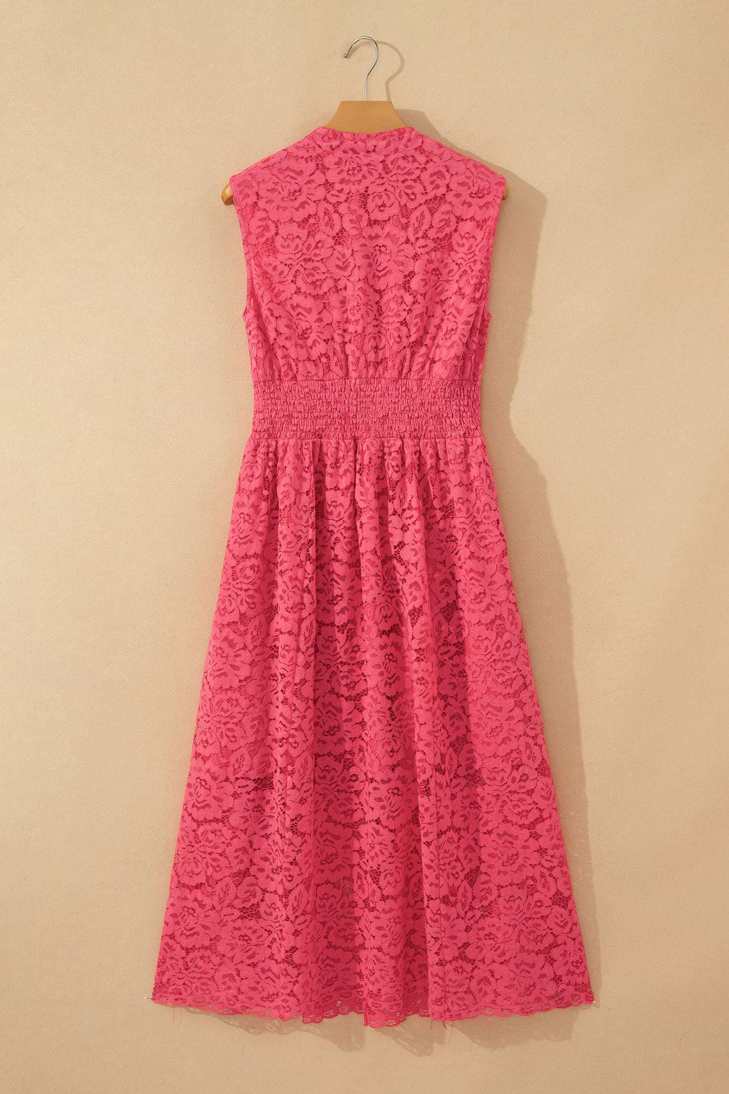 Coral Floral Lace Overlay Zip Up V Neck Smocked Waist Sleeveless Dress