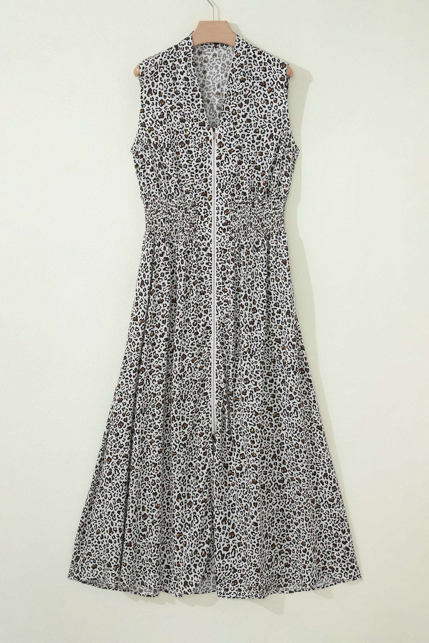 Beige Leopard Zip Front V Neck Cinched Waist Sleeveless Maxi Dress