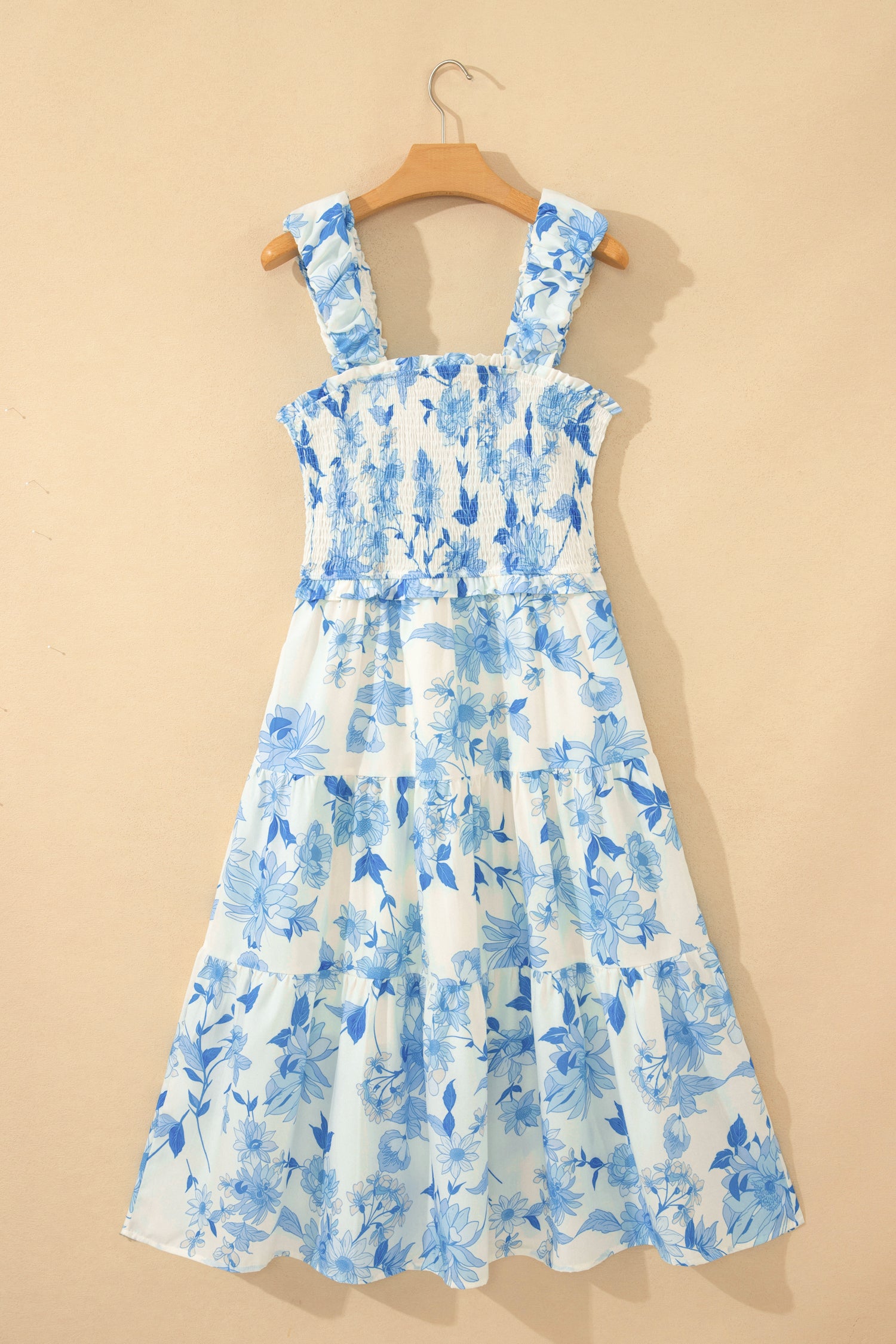 Sky Blue Ruffled Straps Smocked High Waist Floral Maxi Dress