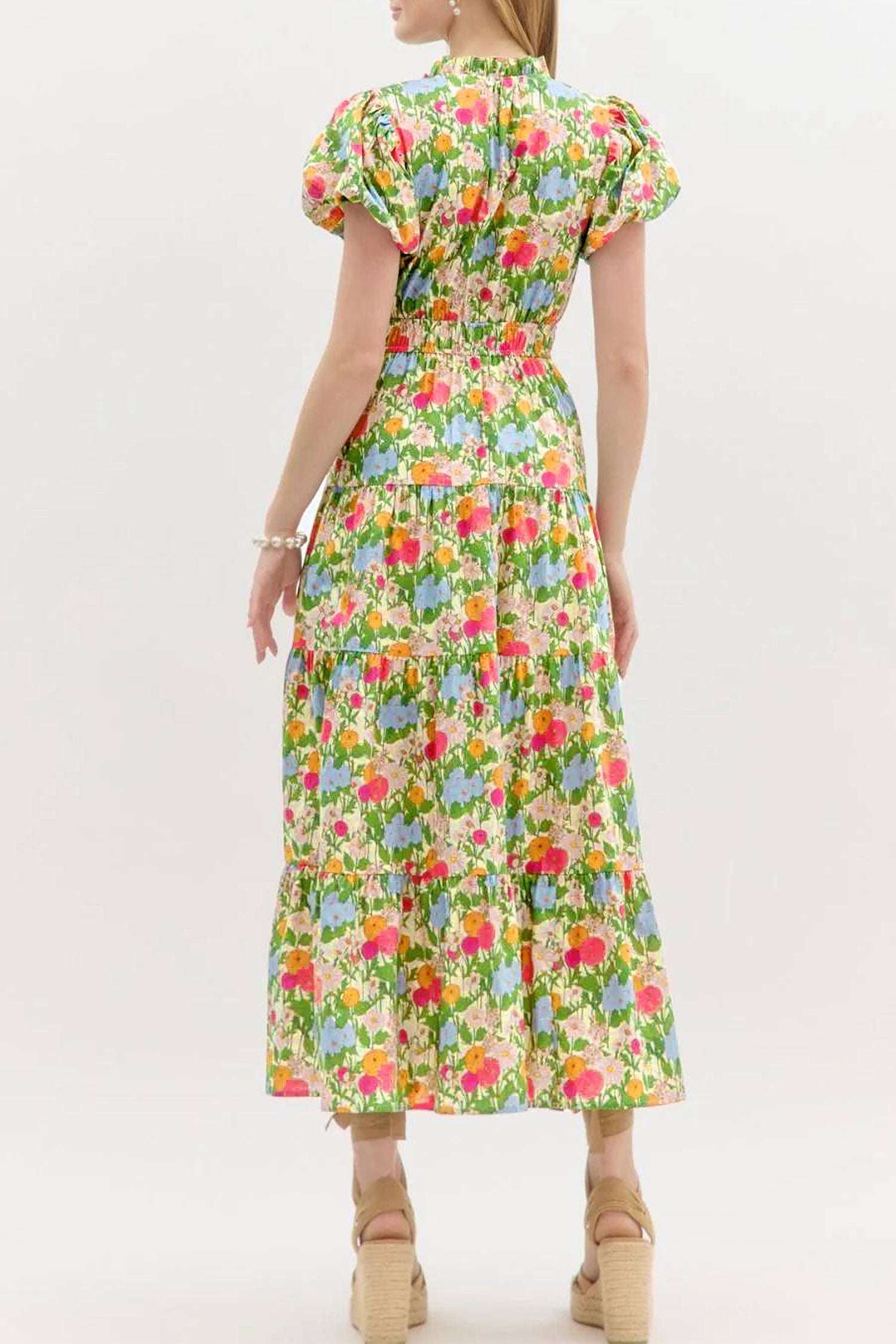 Green Floral Print V Neck Short Puff Sleeve Cotton Maxi Dress