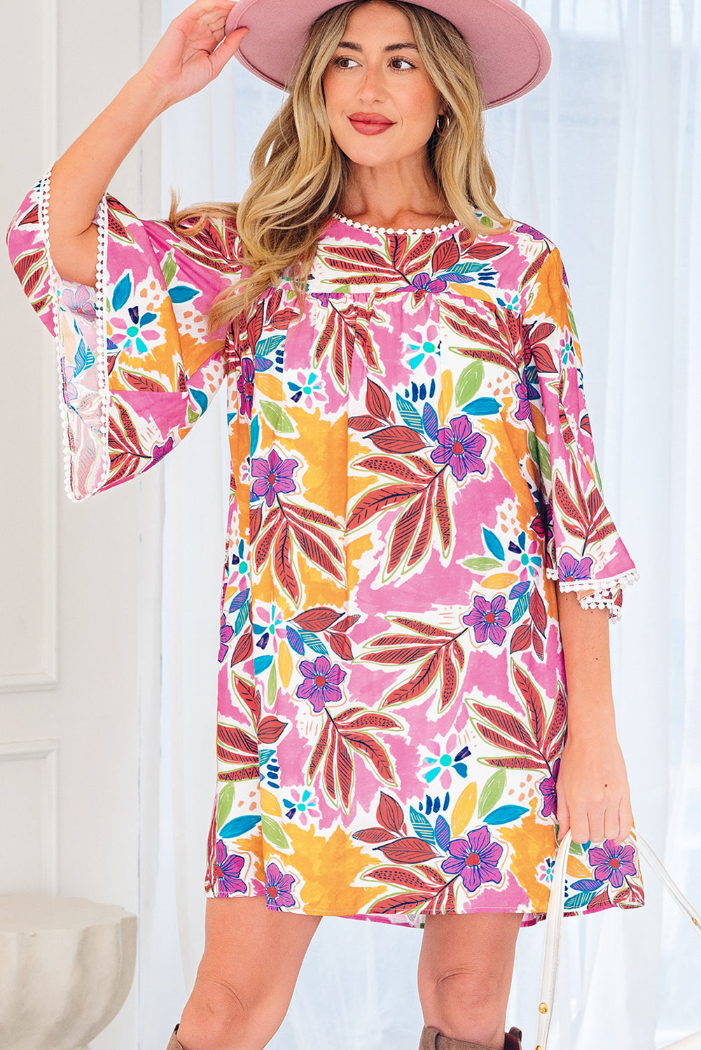 Pink Floral Print Lace Trimmed Tie Back Bell Sleeve Swing Mini Dress