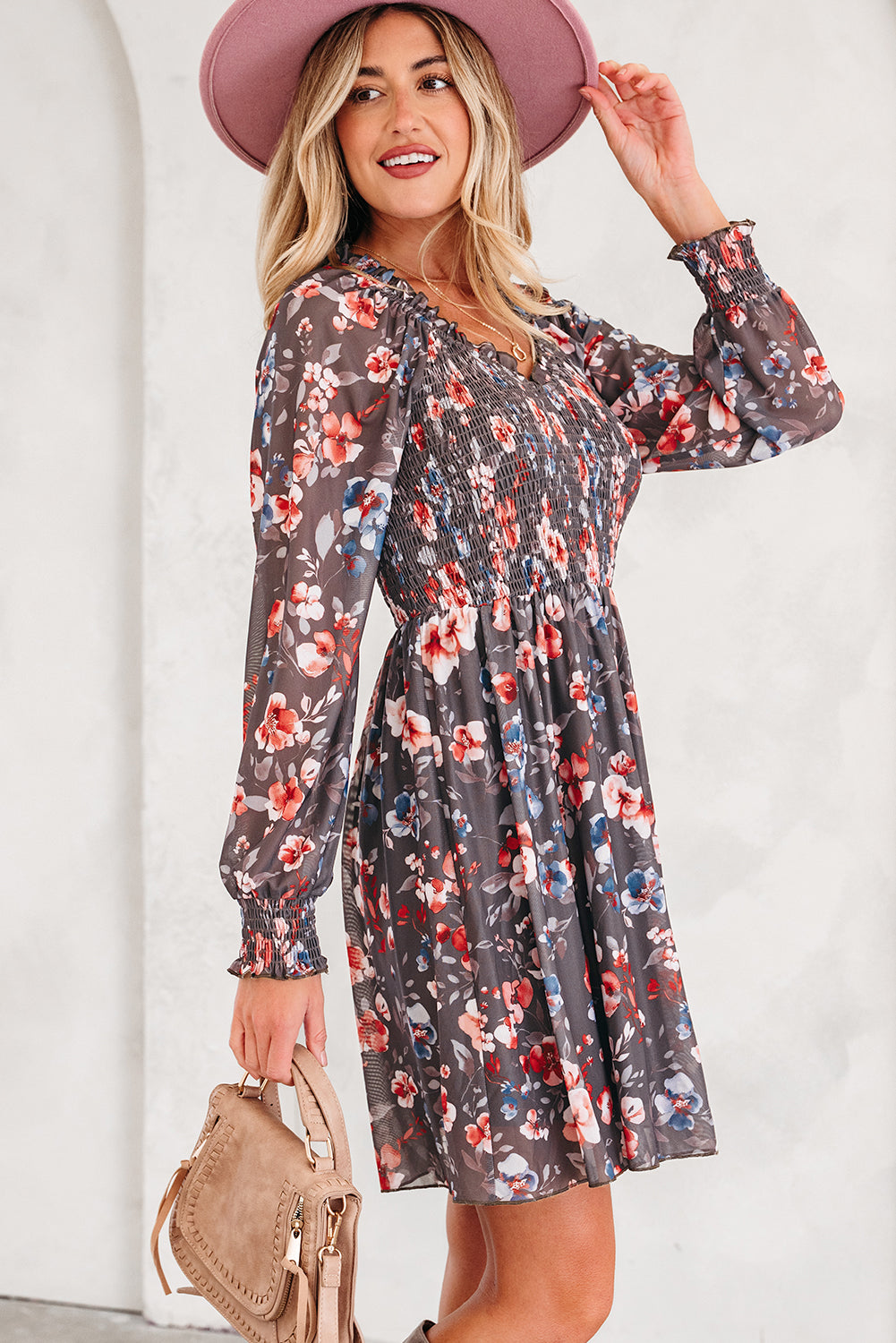 Brown Frilly Smocked Bodice Floral Mesh Long Sleeve Mini Dress