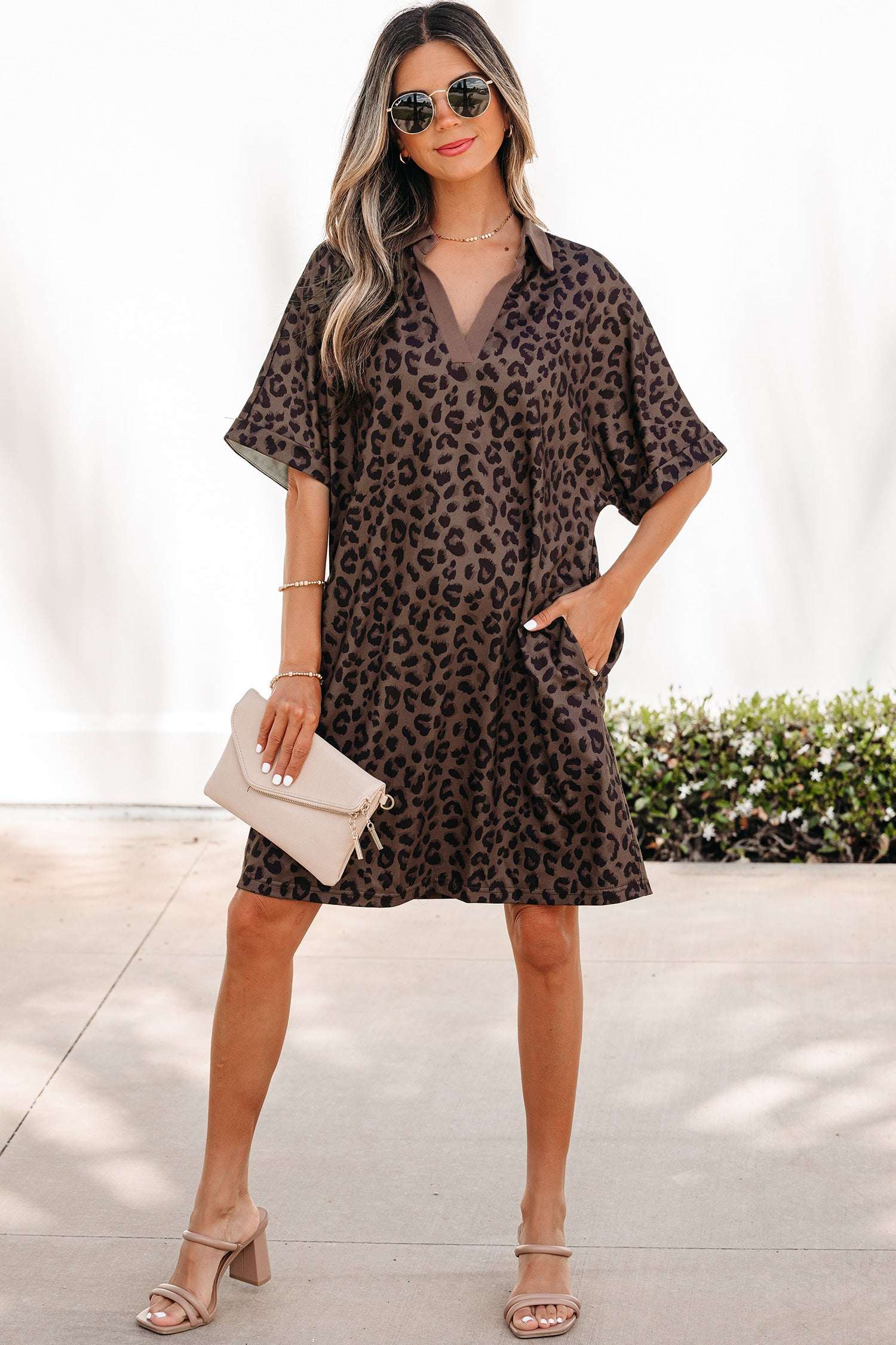 Brown Leopard Print Contrast Collar V-Neck Mini Dress