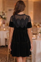 Black Embroidered Velvet Short Sleeve Mini Shift Dress