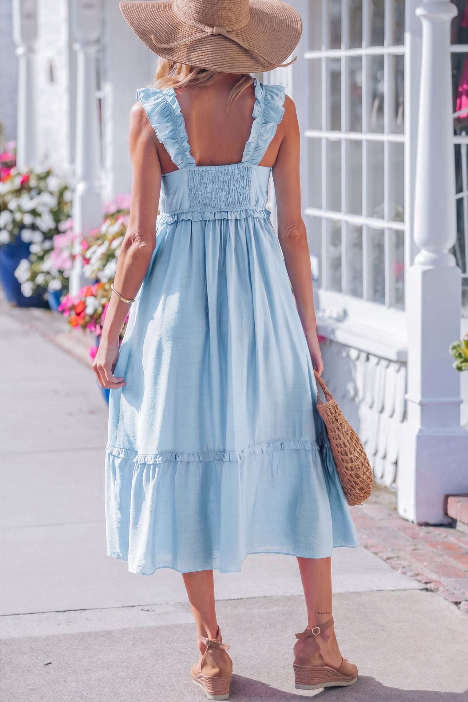 Bonbon Solid Color Ruffle Trim High Waist Sleeveless Maxi Dress