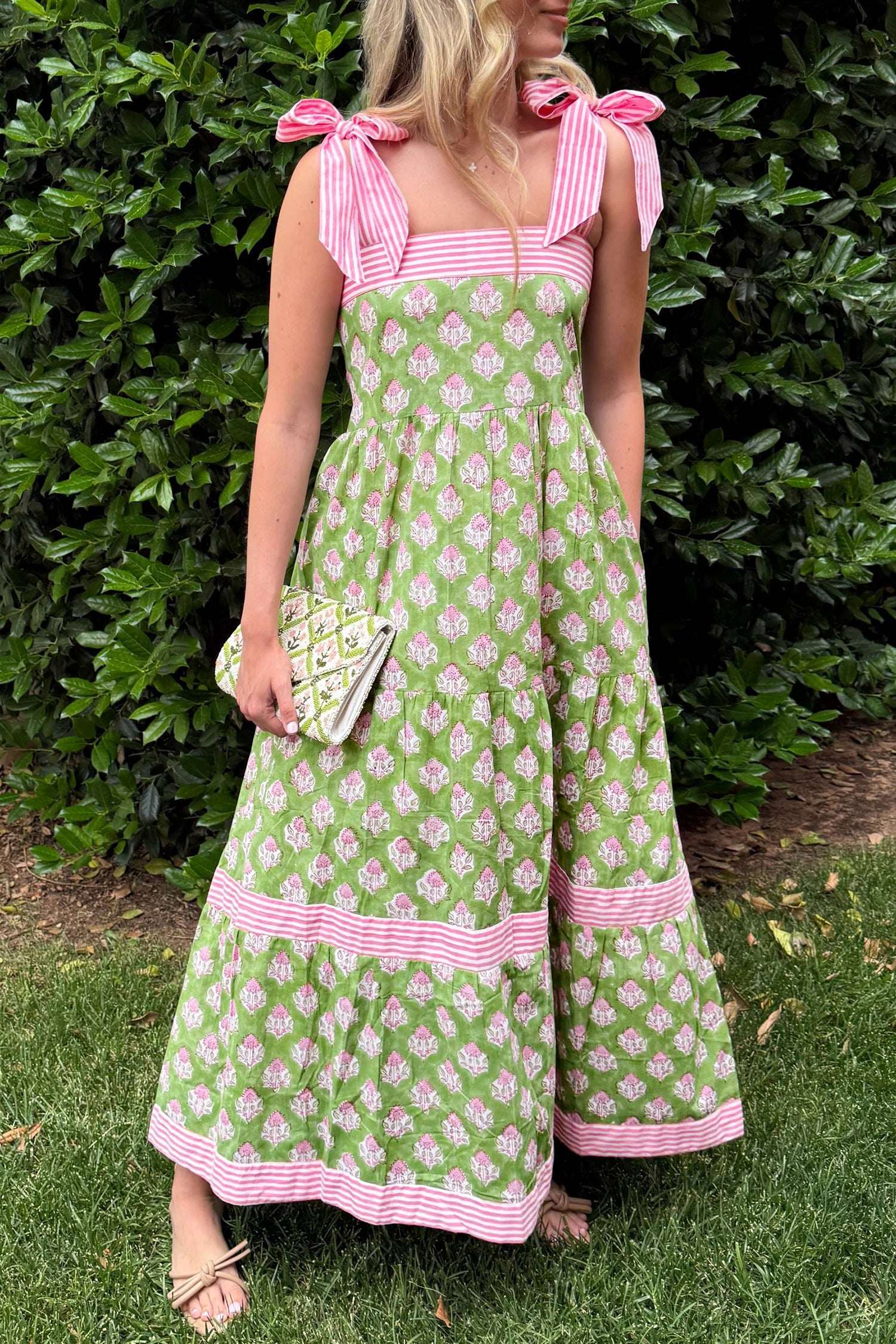 Green Floral Print Striped Detail Knot Straps Maxi Dress
