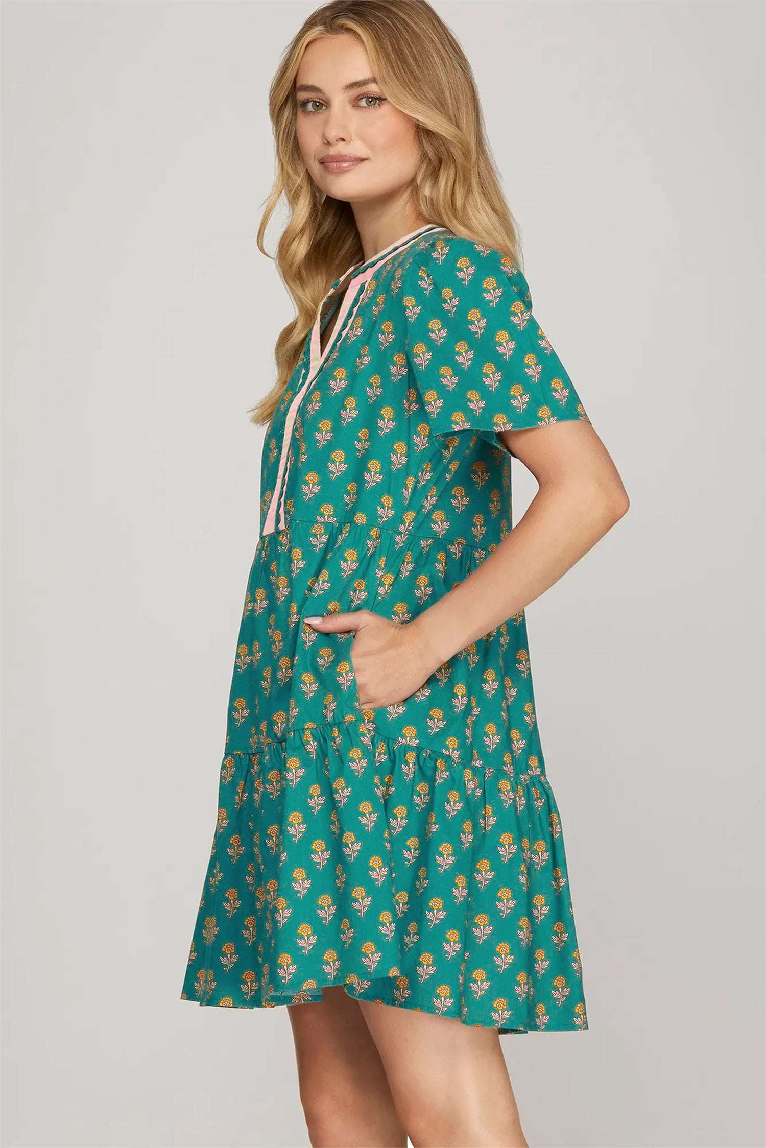 Green Contrast Trim V Neck Short Sleeve Floral Dress