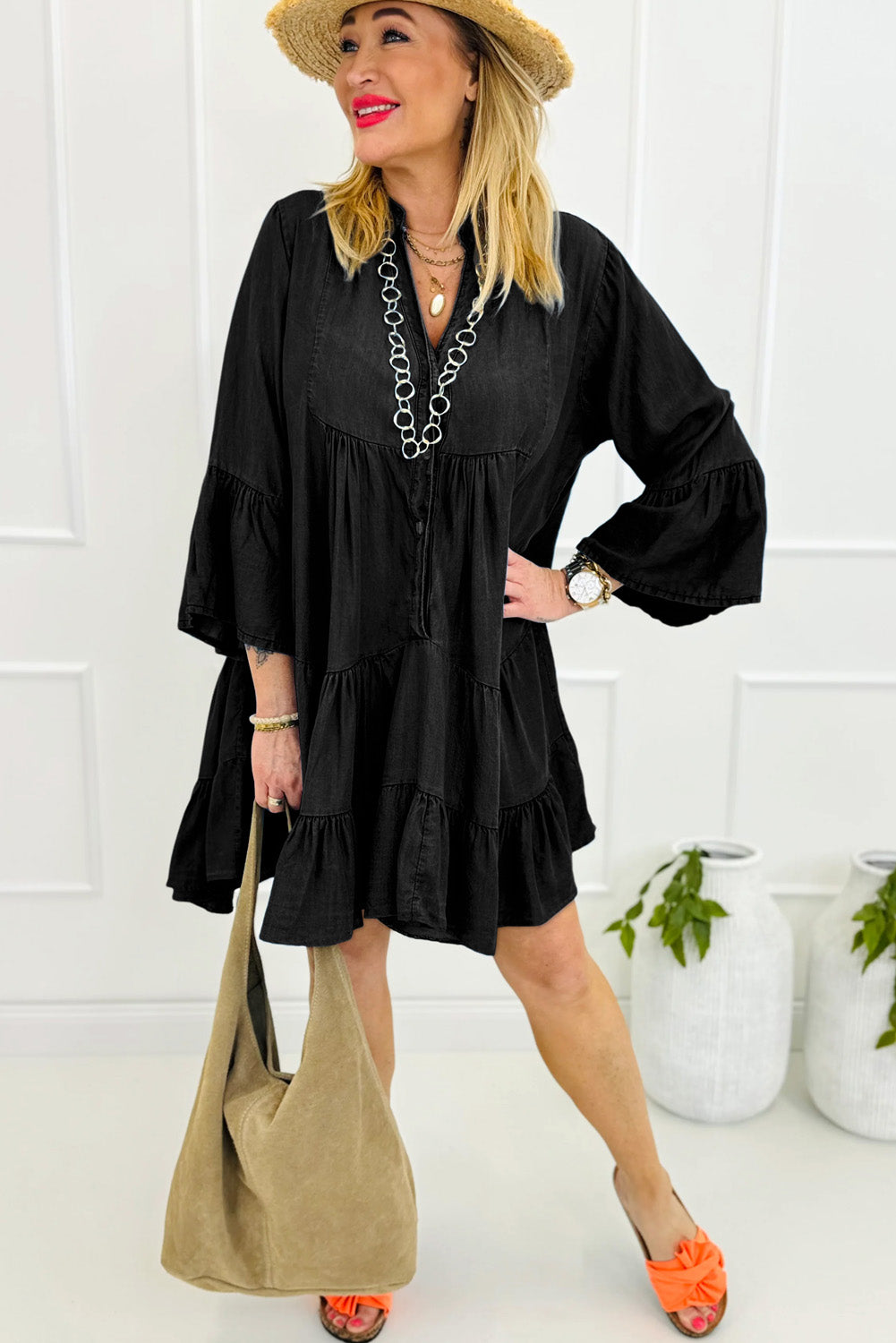 Sky Blue Chambray Ruffled 3/4 Sleeve Tiered Split V Neck Mini Dress